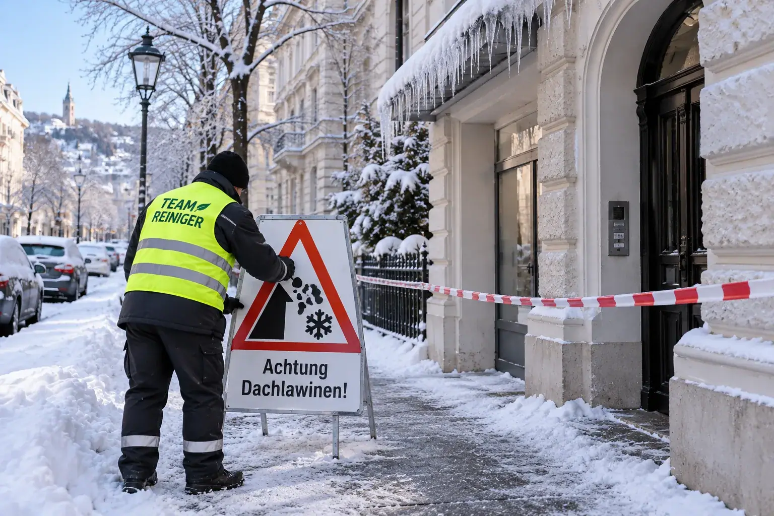 Mitarbeiter stellt vor einem Altbau eine Tafel „Achtung Dachlawinen!“ auf und sperrt den Gehsteig ab